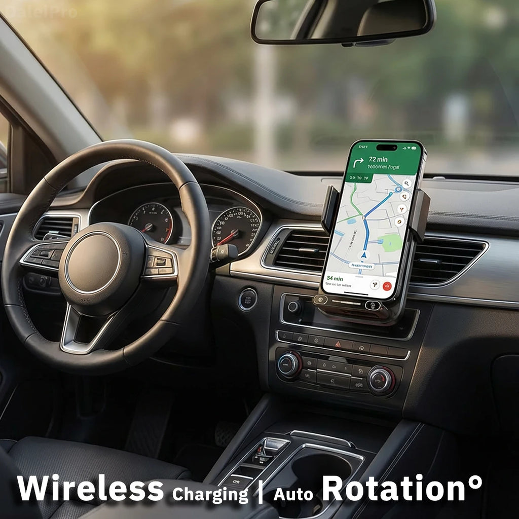 Car Phone Charger Phone Holder 15W Wireless & Wired Charger Auto Sensing One-Touch Release and Rotation Qi FCC ROHS Certified