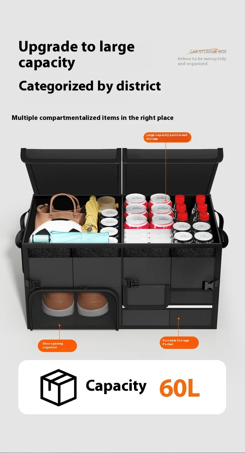 Foldable Trunk Storage Box Waterproof Oxford Cloth 60L Large-Capacity Car Organizer for Camping/Fishing Easy to Carry