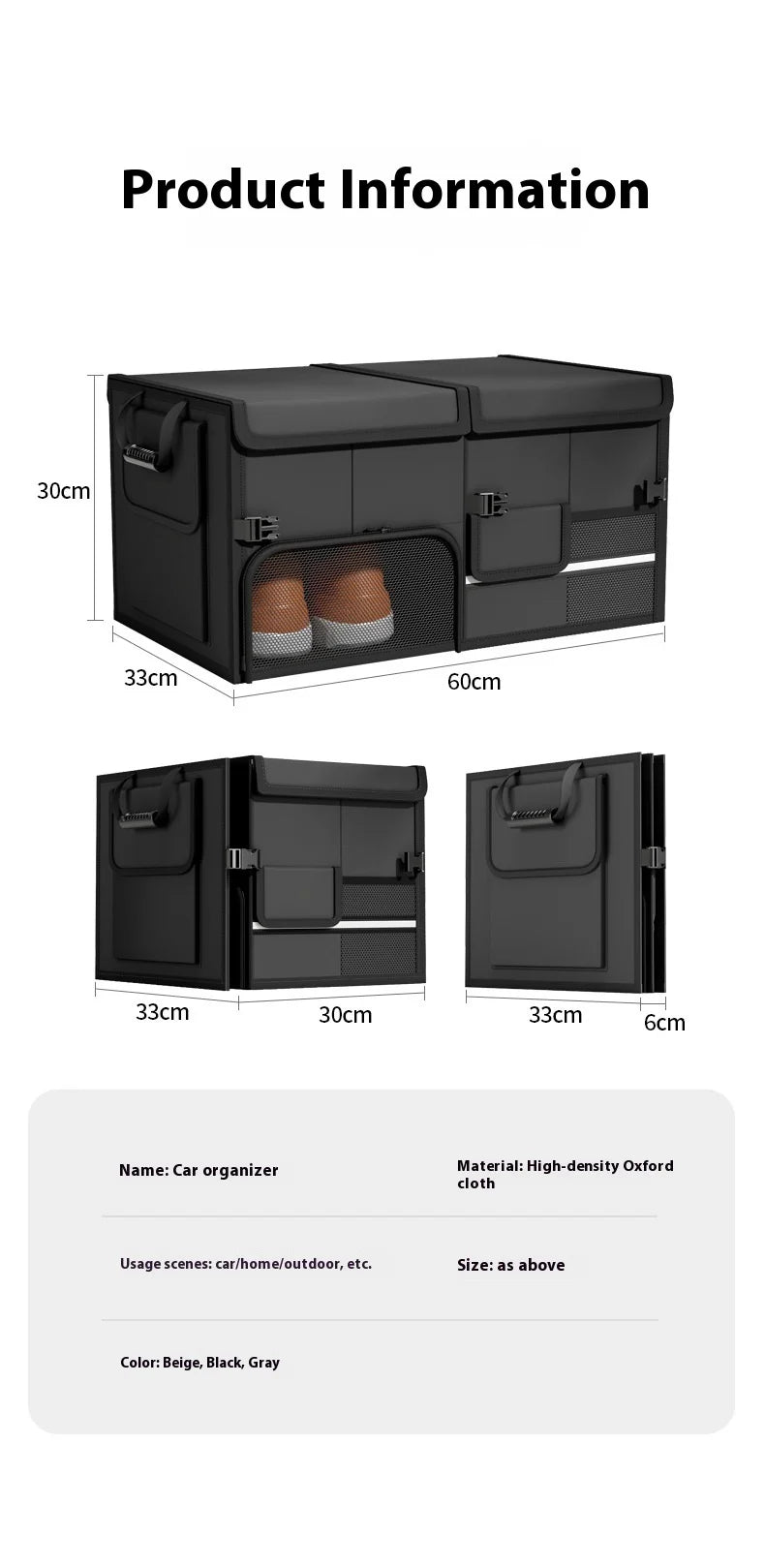 Foldable Trunk Storage Box Waterproof Oxford Cloth 60L Large-Capacity Car Organizer for Camping/Fishing Easy to Carry